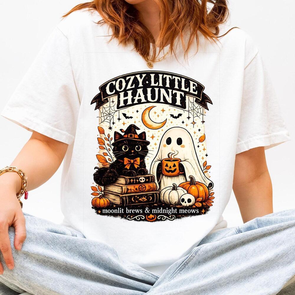 Black Cat Ghost Halloween T-Shirt, Cozy Autumn Graphic Tee,